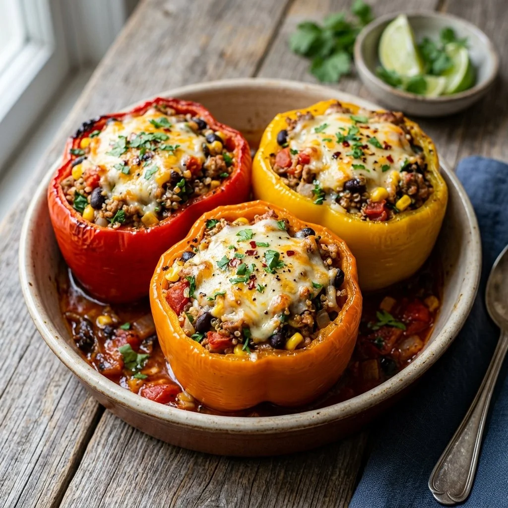 Colorful turkey stuffed peppers filled with healthy ingredients