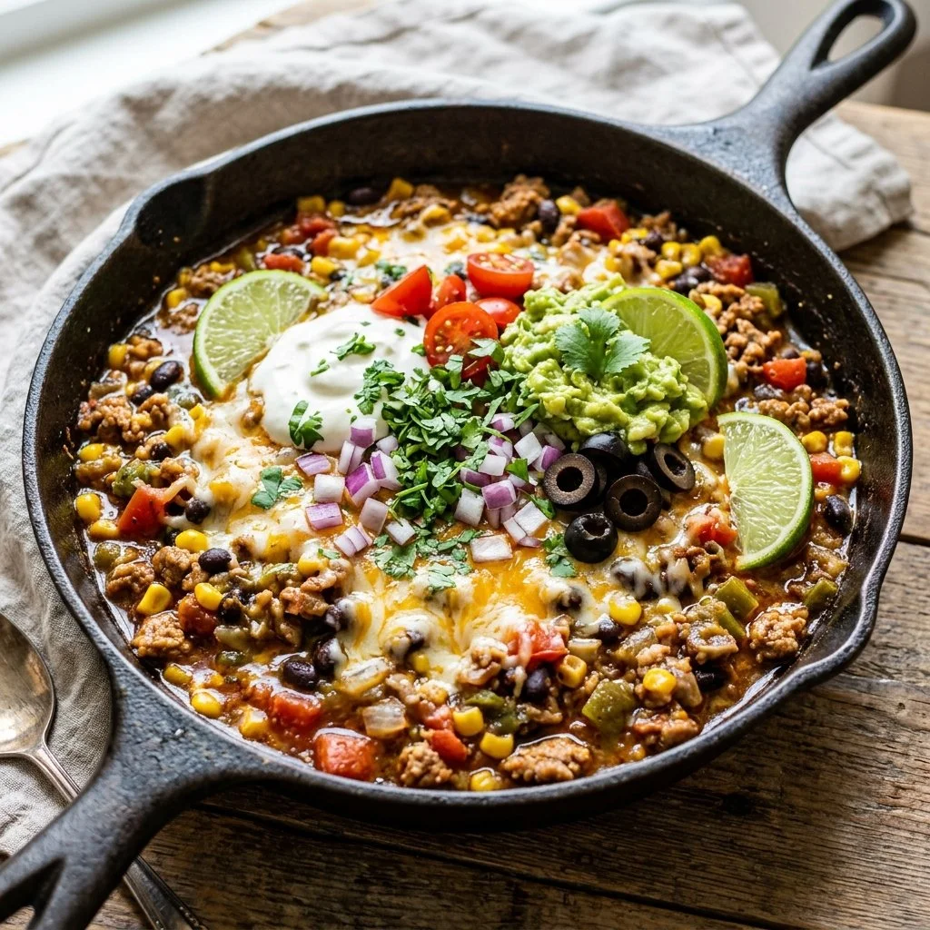 Delicious Turkey Taco Skillet served in a colorful cast iron pan