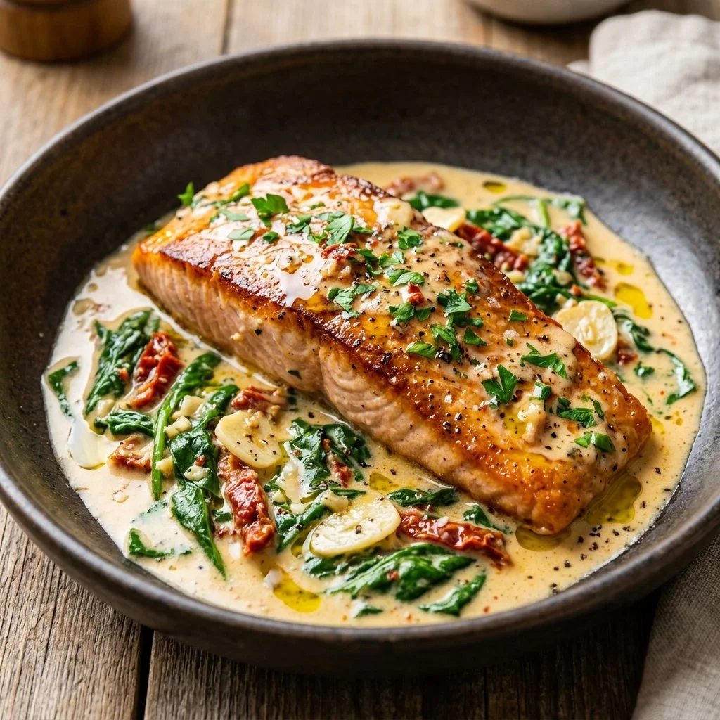 Delicious Tuscan Butter Salmon served with herbs and vegetables