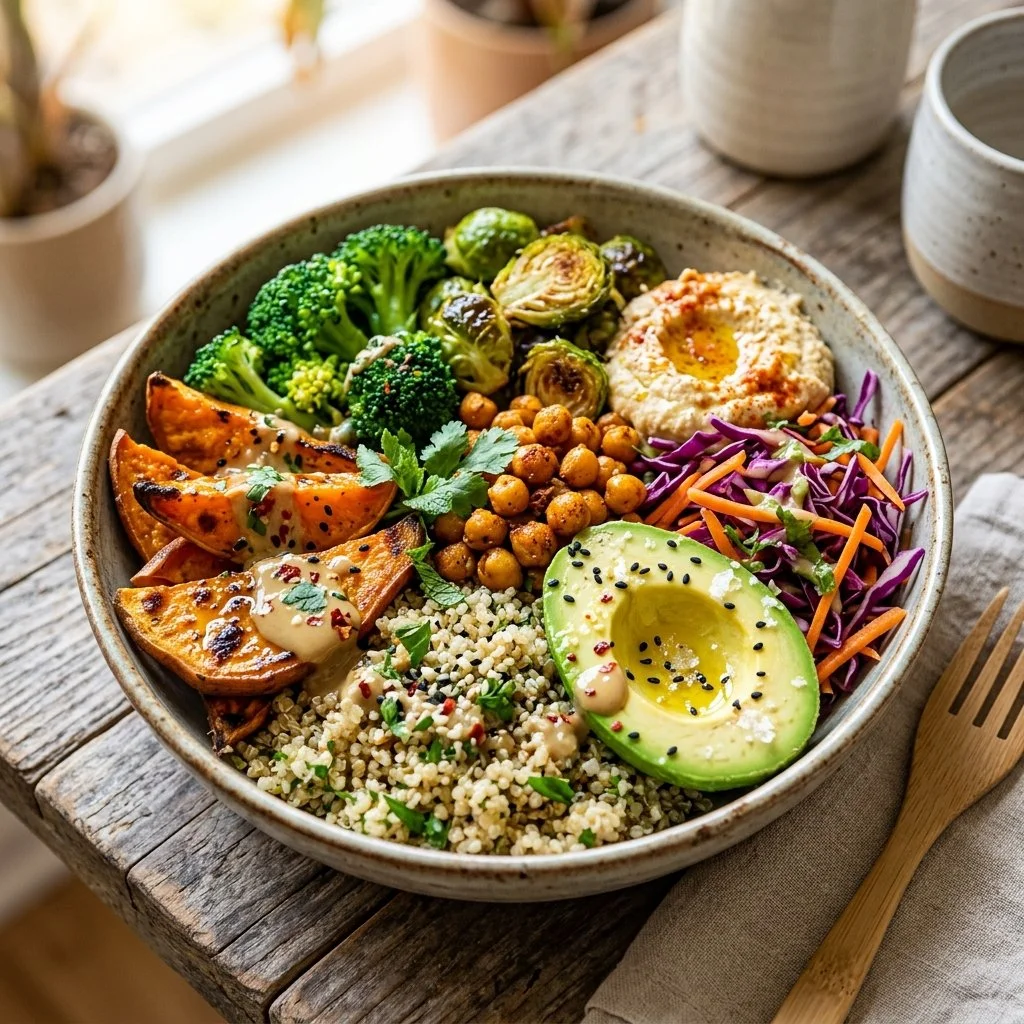 Colorful Vegan Buddha Bowl with various vegetables, grains, and toppings