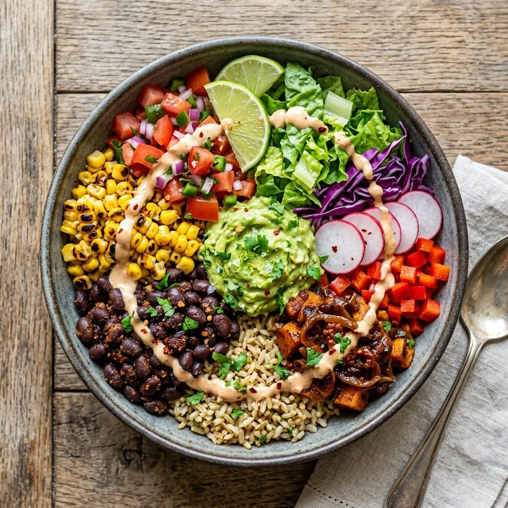 A colorful Vegan Burrito Bowl filled with rice, beans, and fresh vegetables.