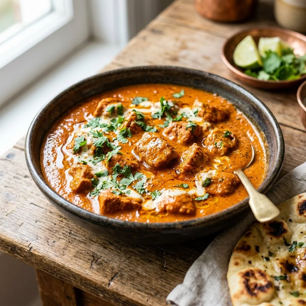 Plate of flavorful Vegan Butter Chicken served with rice and herbs.