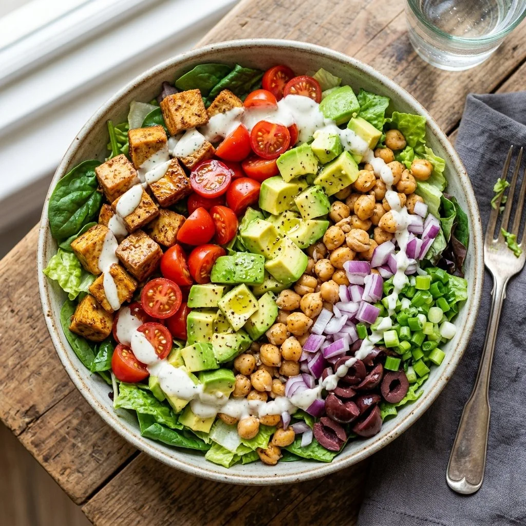 Bowl of vibrant Vegan Cobb Salad with avocados, tomatoes, and greens