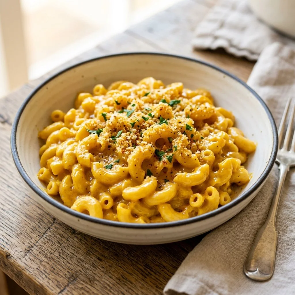 Bowl of creamy Vegan Mac and Cheese topped with fresh herbs