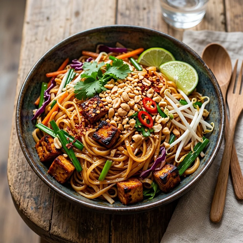 Delicious Vegan Pad Thai with colorful vegetables and tofu on a plate