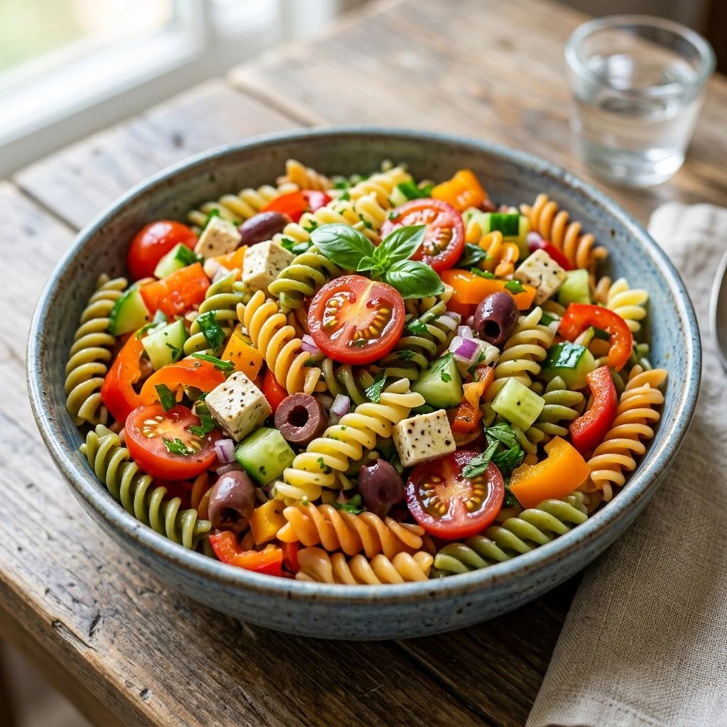 Colorful vegan pasta salad with vegetables and dressing