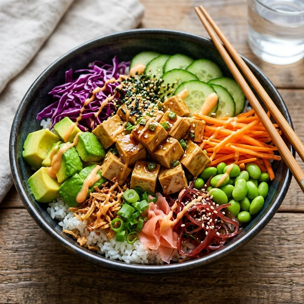 Colorful Vegan Poke Bowl with fresh vegetables and plant-based toppings