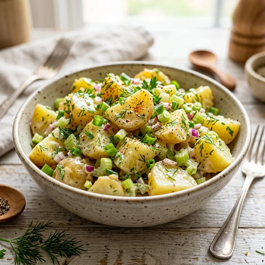 Colorful Vegan Potato Salad with fresh herbs and veggies in a bowl