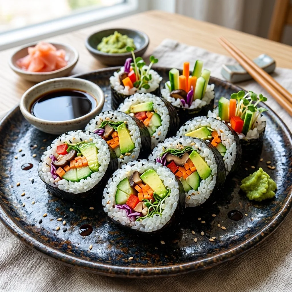 Colorful vegan sushi rolls made with fresh vegetables and rice