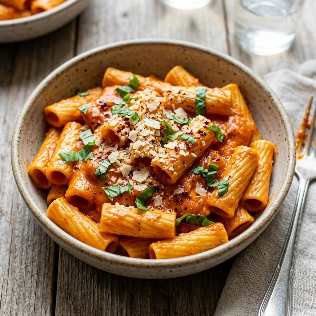Delicious bowl of Vegan Vodka Pasta garnished with fresh herbs