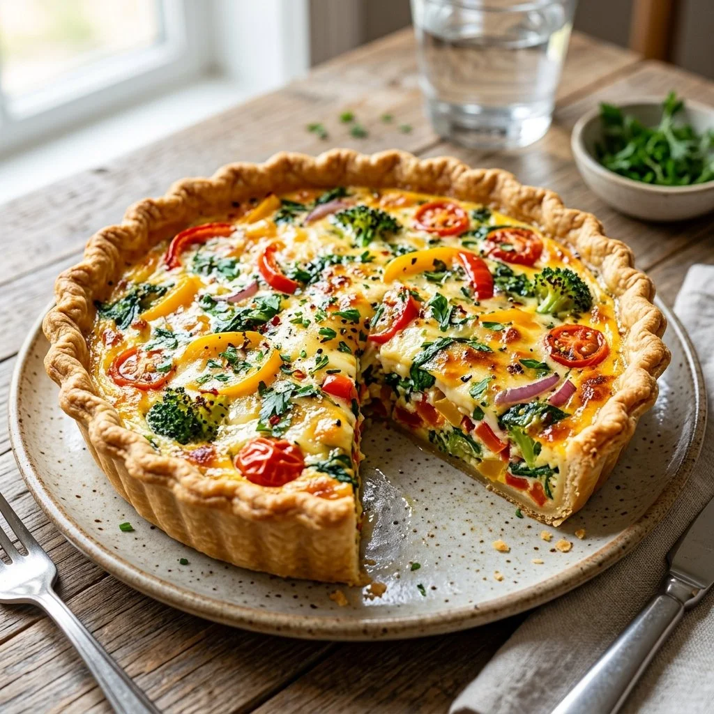 Delicious homemade Vegetable Quiche with fresh veggies and golden crust