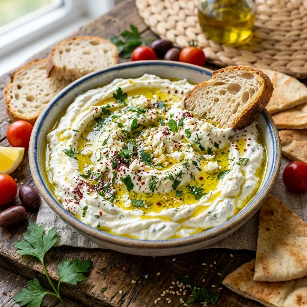 Delicious whipped feta dip served with pita and veggies