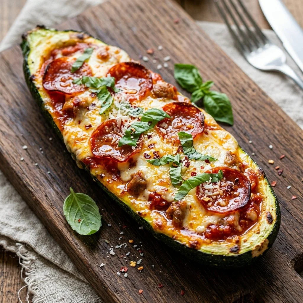 Delicious zucchini boat pizza topped with cheese and vegetables