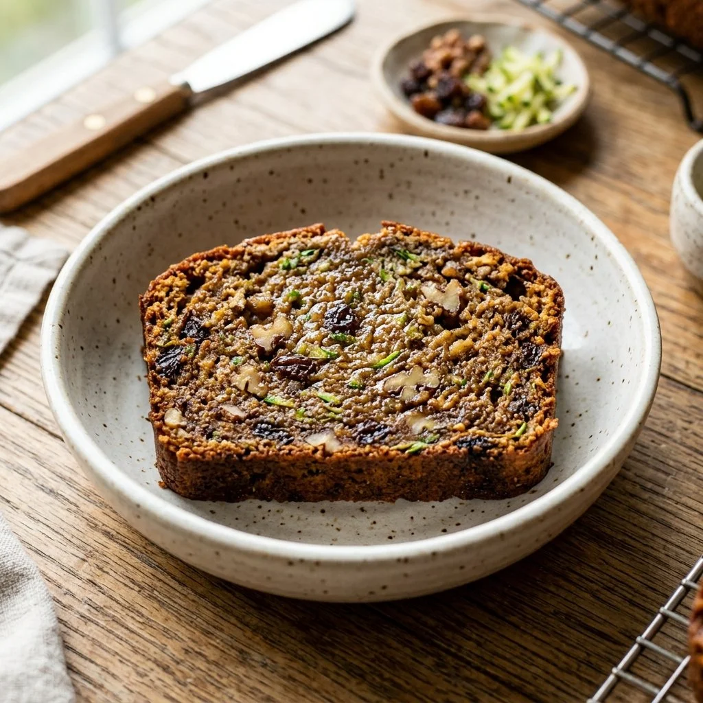 Freshly baked zucchini bread with slices on a wooden table