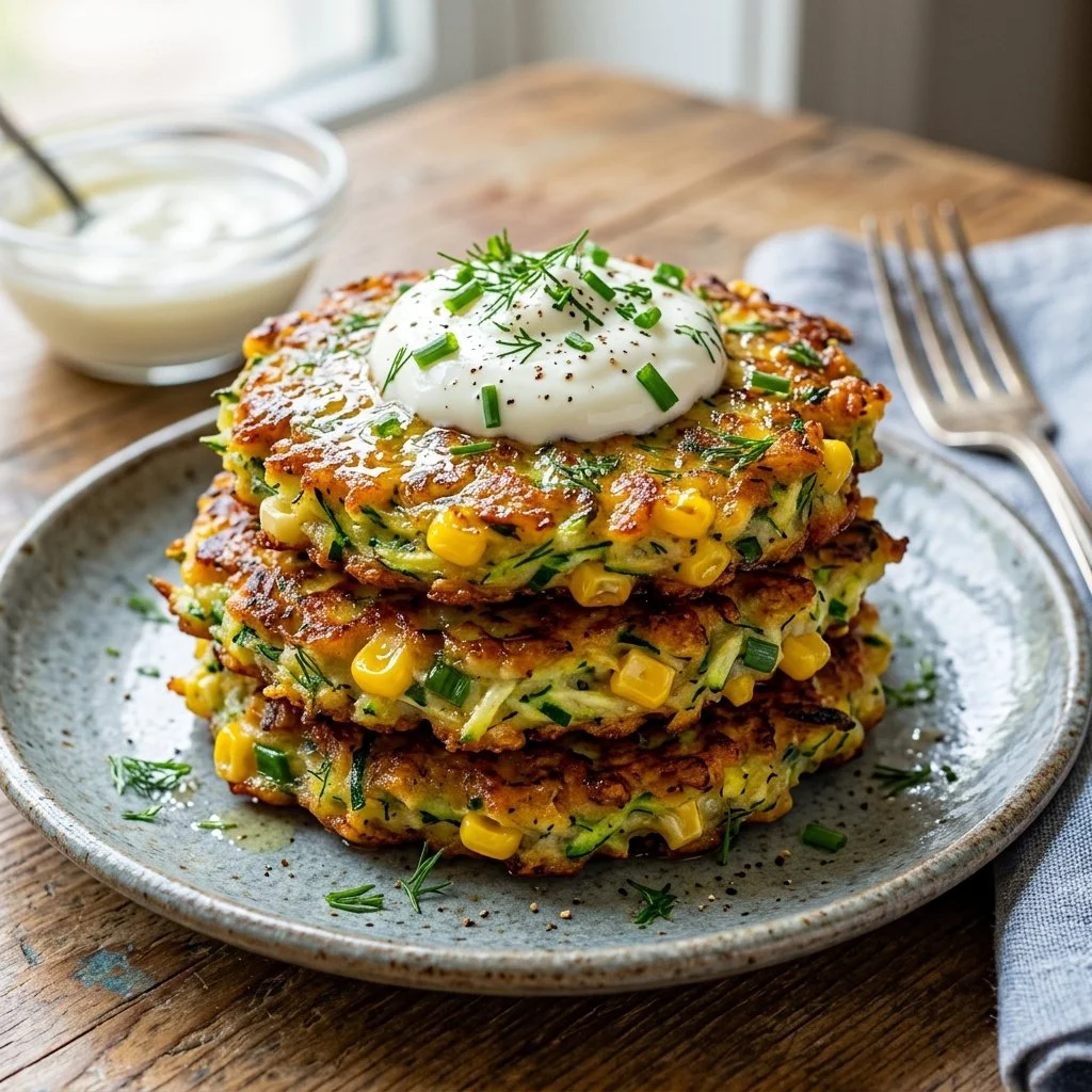 Golden crispy Zucchini Corn Fritters on a plate garnished with herbs.