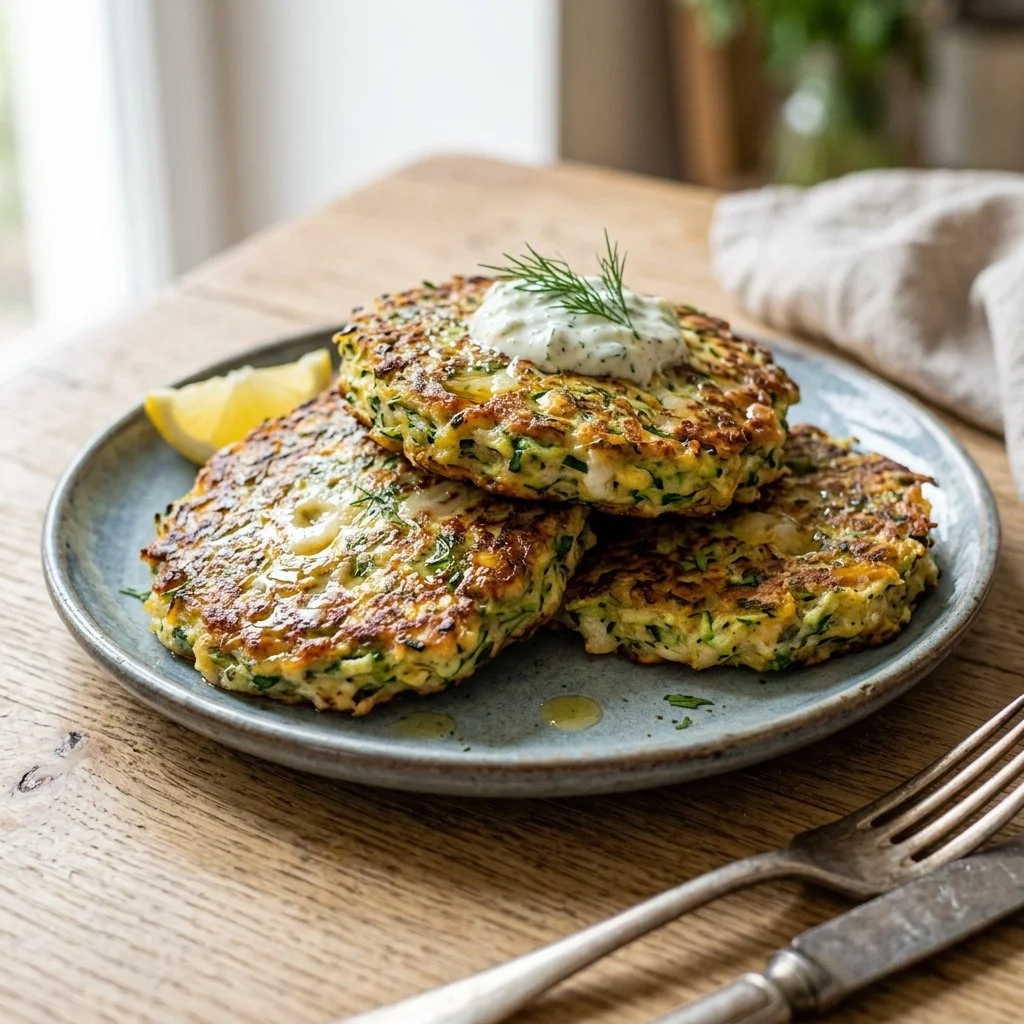 Crispy zucchini fritters with herbs and spices on a plate
