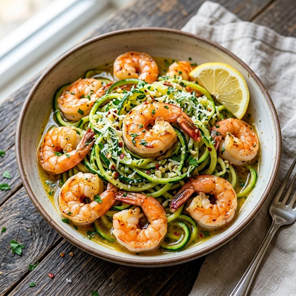 Zucchini Noodle Shrimp Scampi dish garnished with herbs and served in a bowl